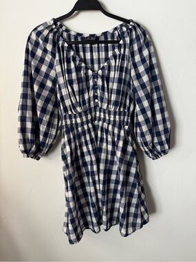 J. Crew Navy and White Gingham Smocked-Peplum Mini Dress